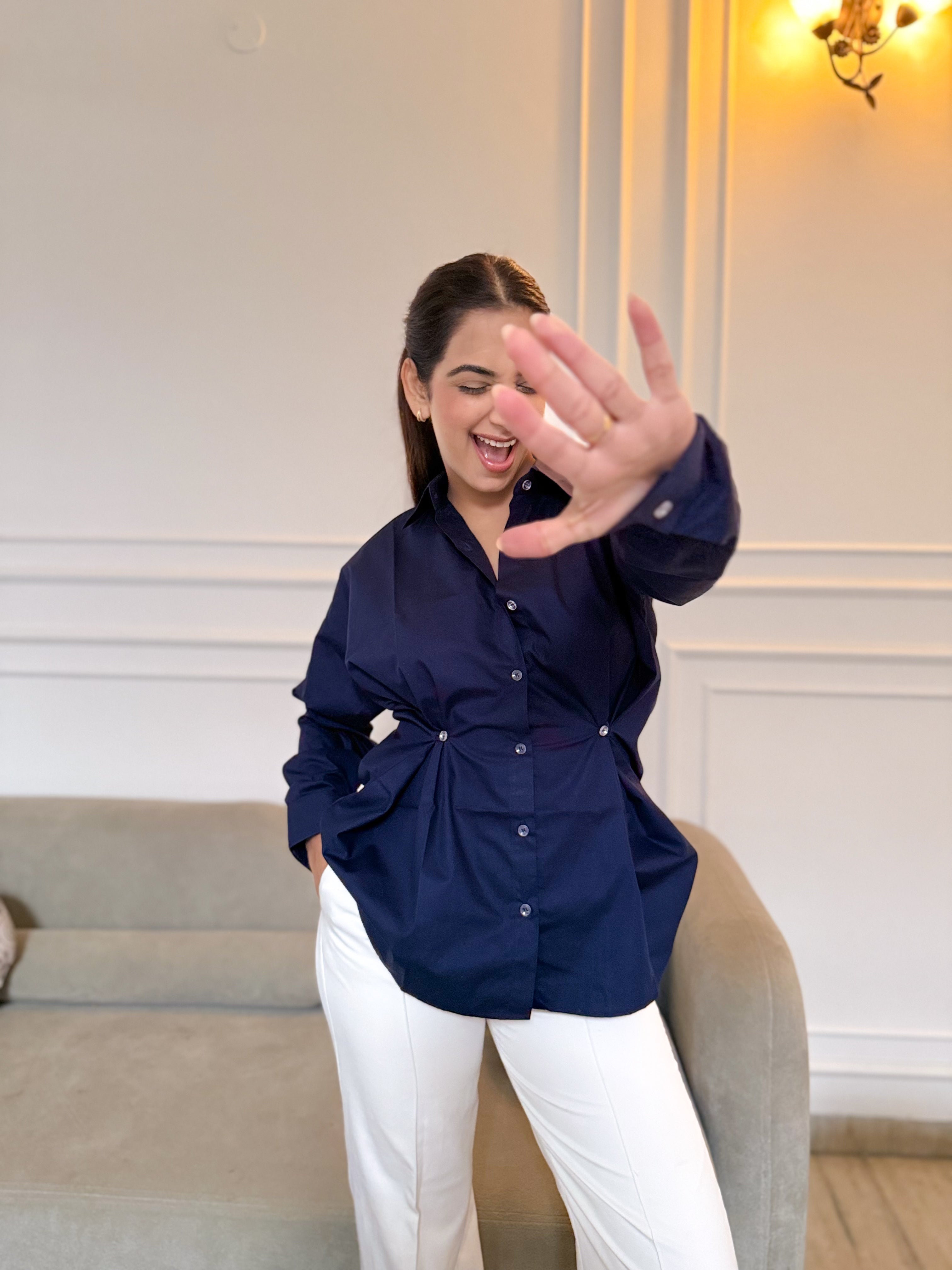 Waist Cinched Shirt in Navy Blue