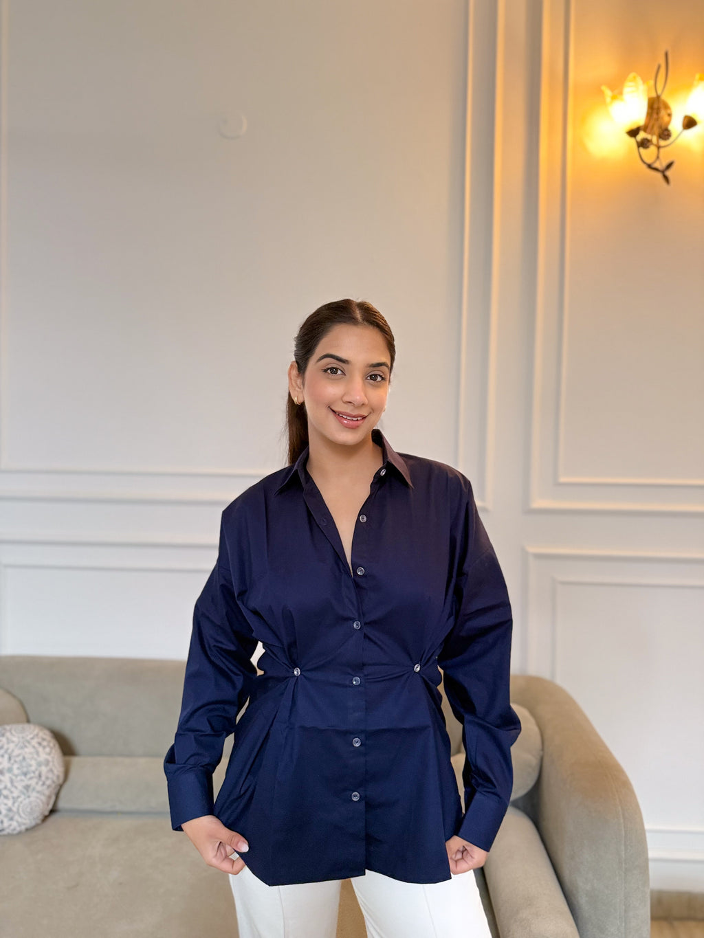 Waist Cinched Shirt navy blue cotton relaxed fit front view on model
