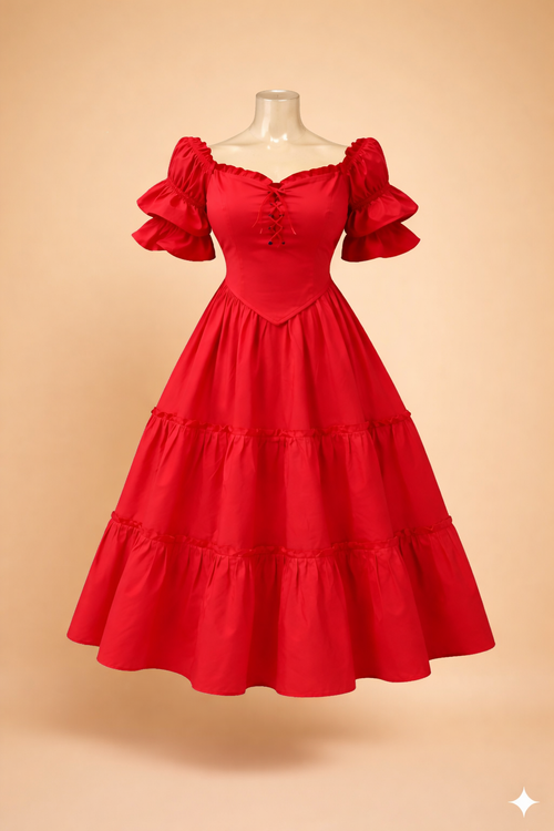Red vintage-style dress on a mannequin against a beige background