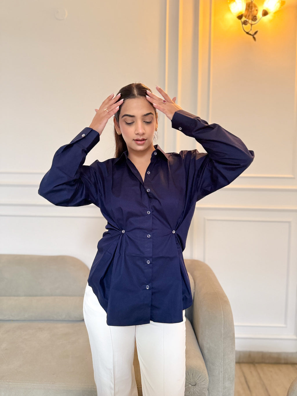 Waist Cinched Shirt in Navy Blue