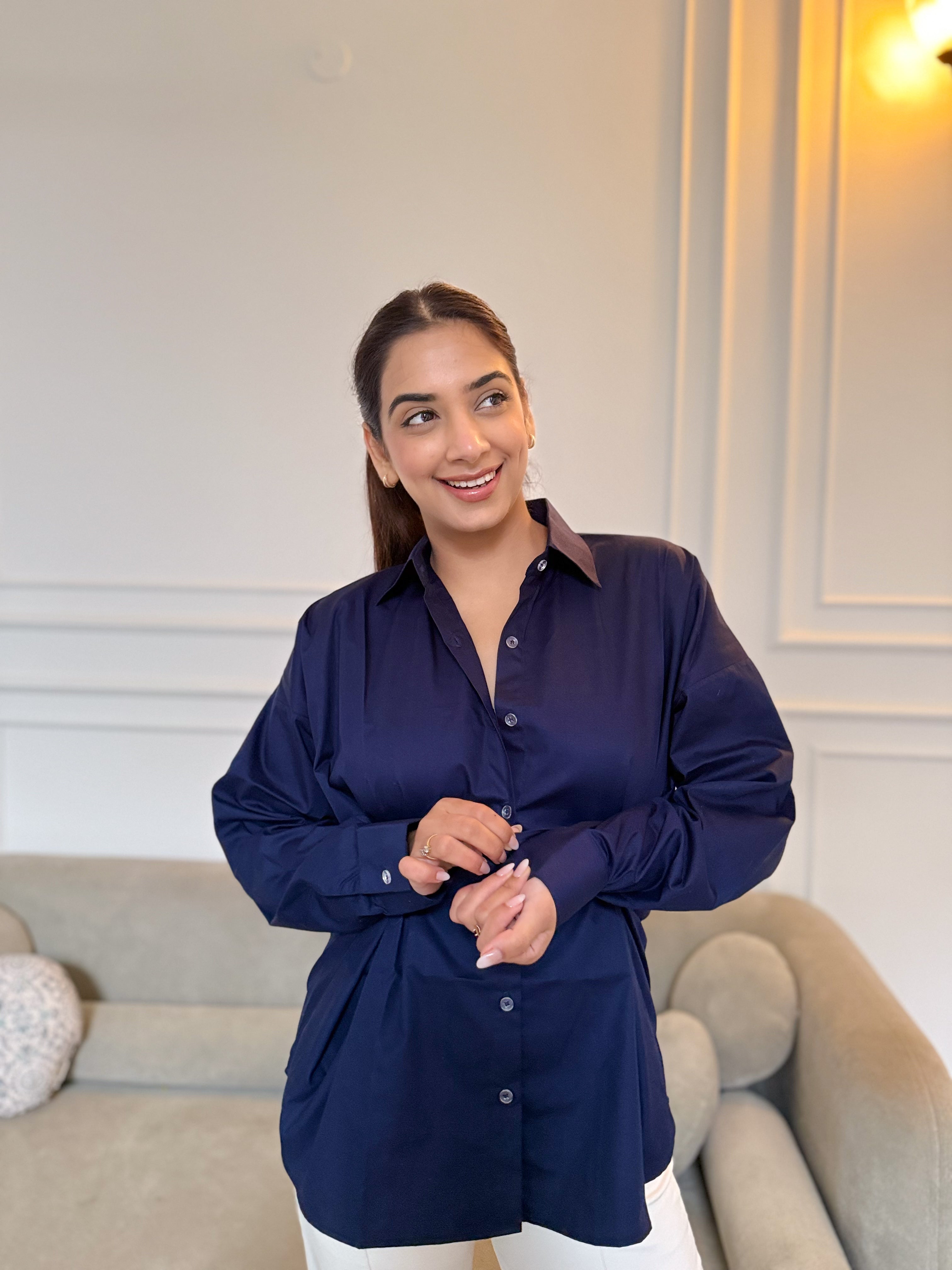 Navy blue shirt fabric texture and quality detail
