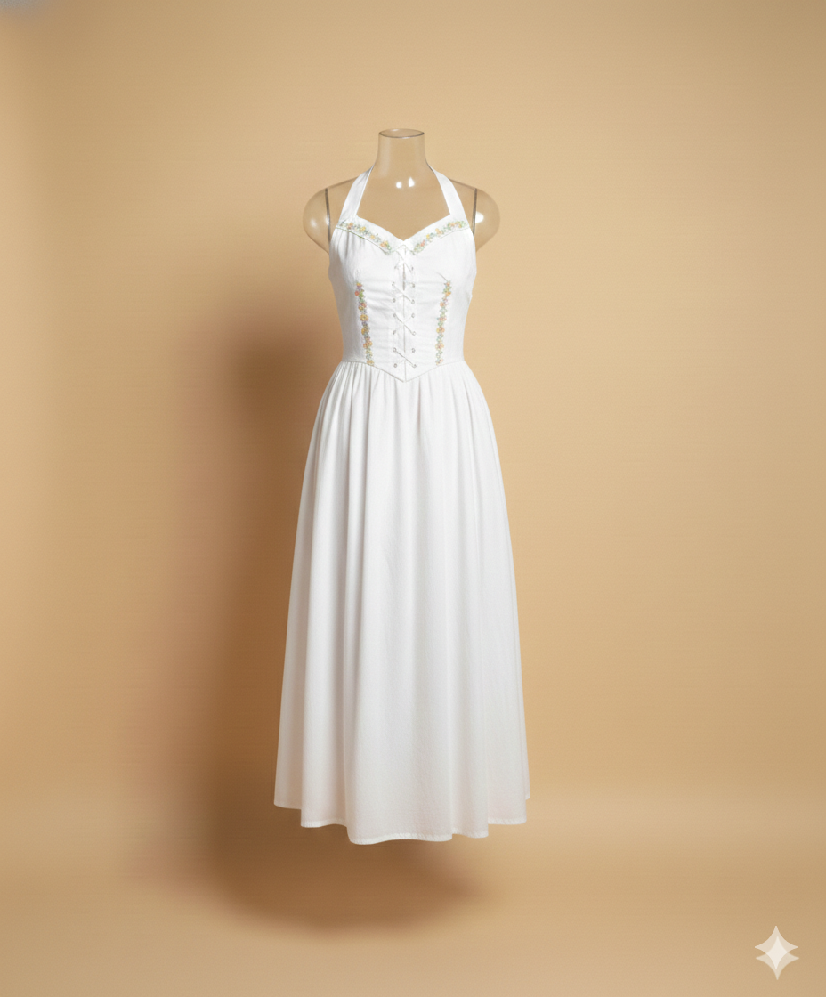 White dress on a mannequin against a beige background