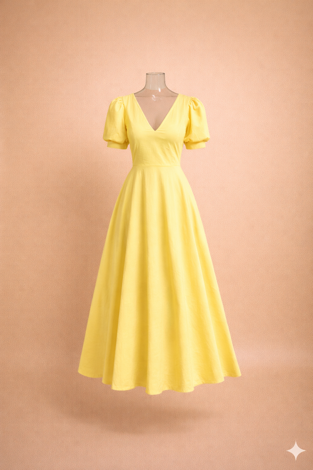Yellow dress on a mannequin against a beige background