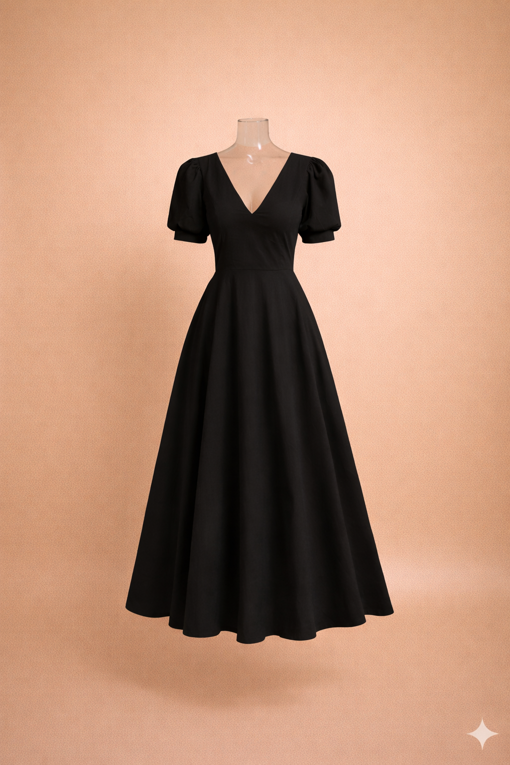 Black dress on a mannequin against a beige background