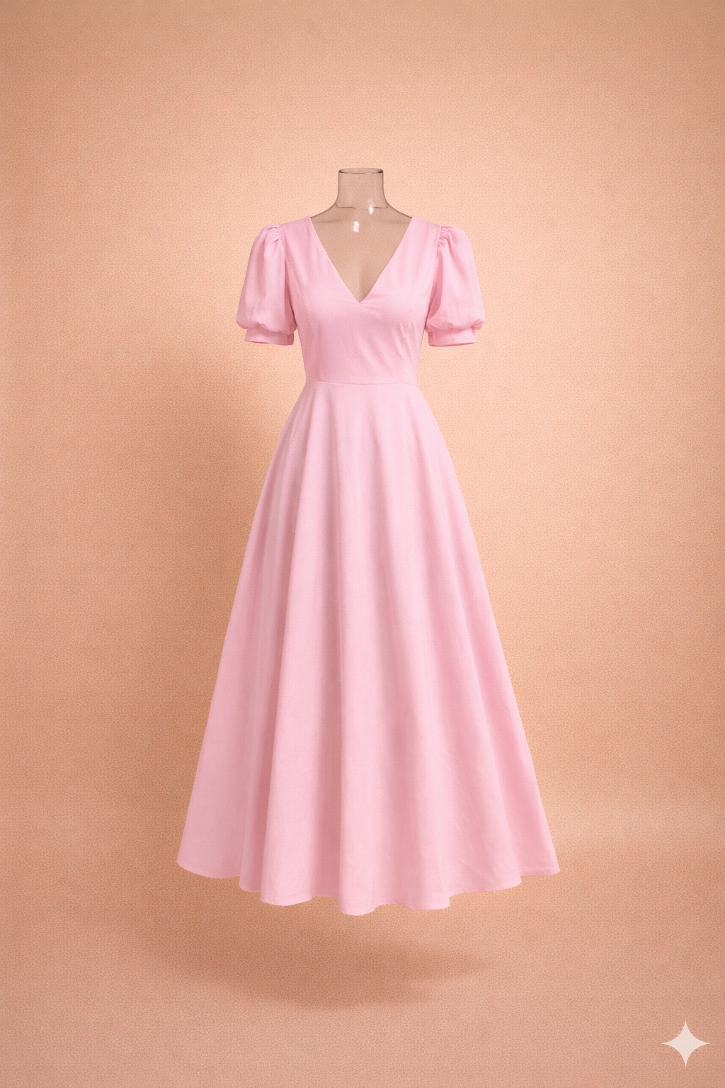 Pink dress on a mannequin against a peach background