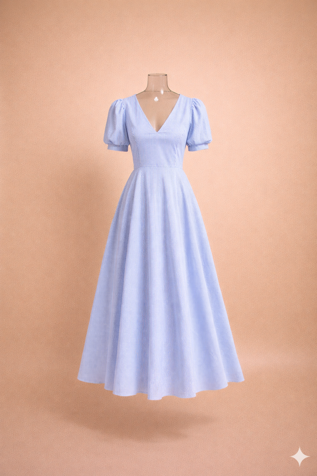 Light blue dress on a mannequin against a beige background