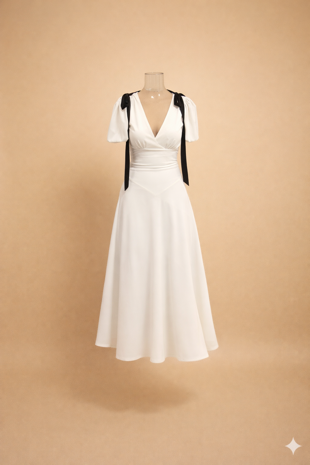 White dress with black accents on a beige background