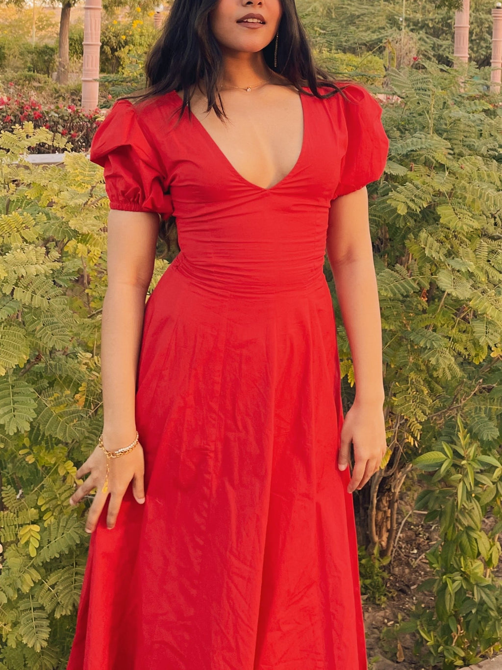 Red Pleated Maxi Dress - ODDNY