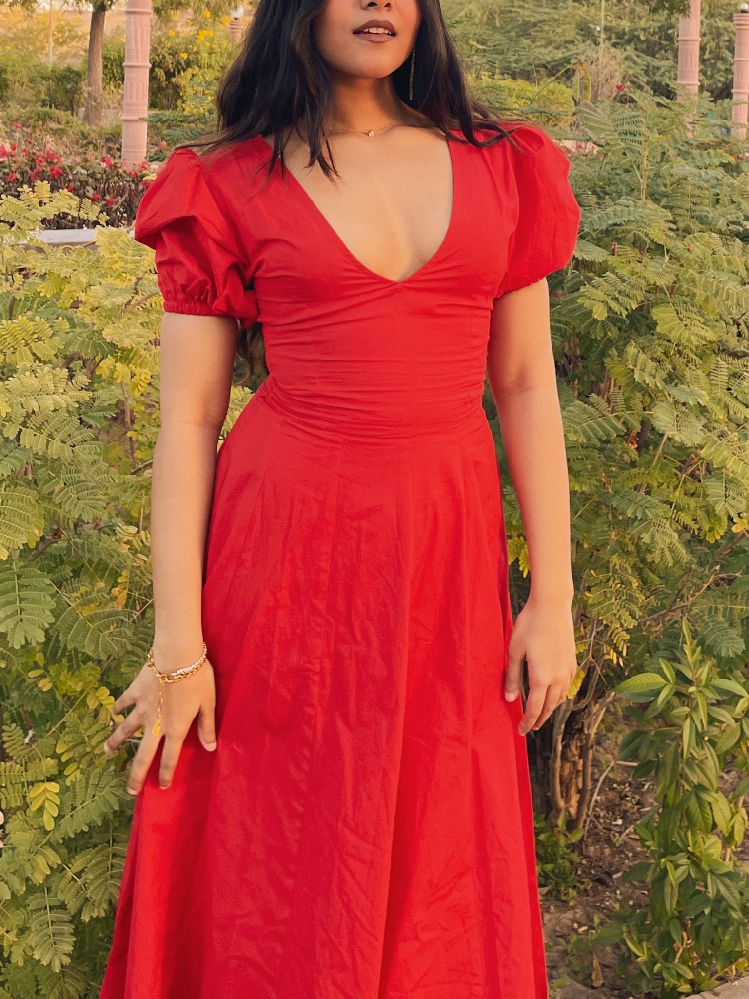 Red Pleated Maxi Dress - ODDNY