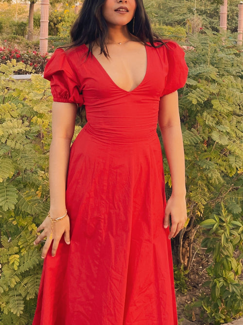 Red Pleated Maxi Dress - ODDNY