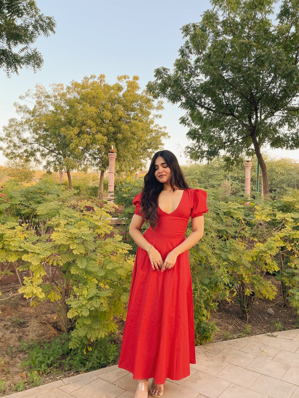 Red Pleated Maxi Dress - ODDNY