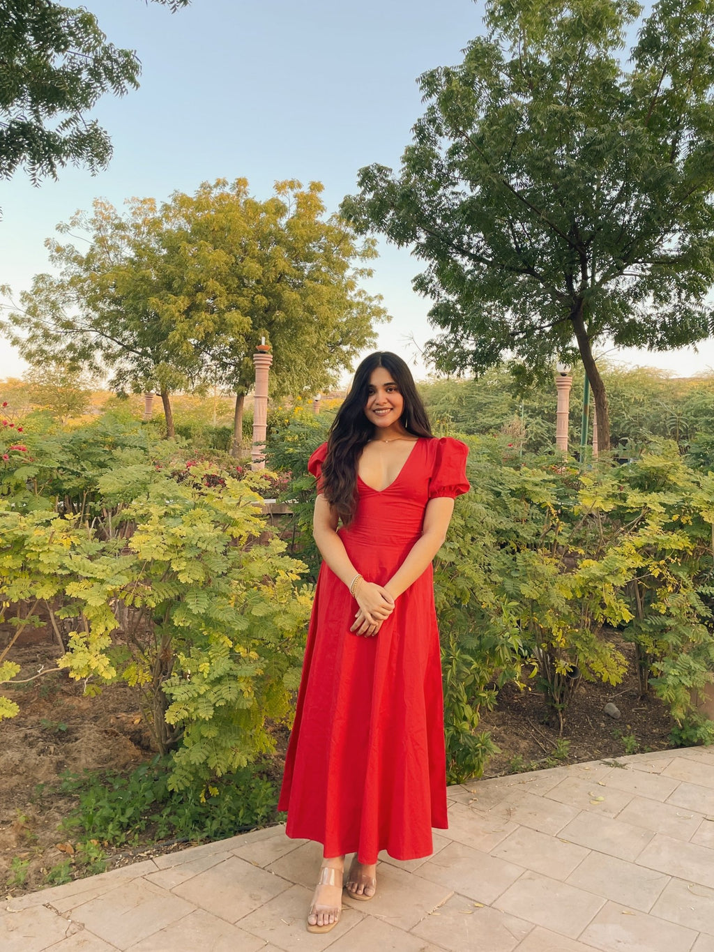 Red Pleated Maxi Dress - ODDNY