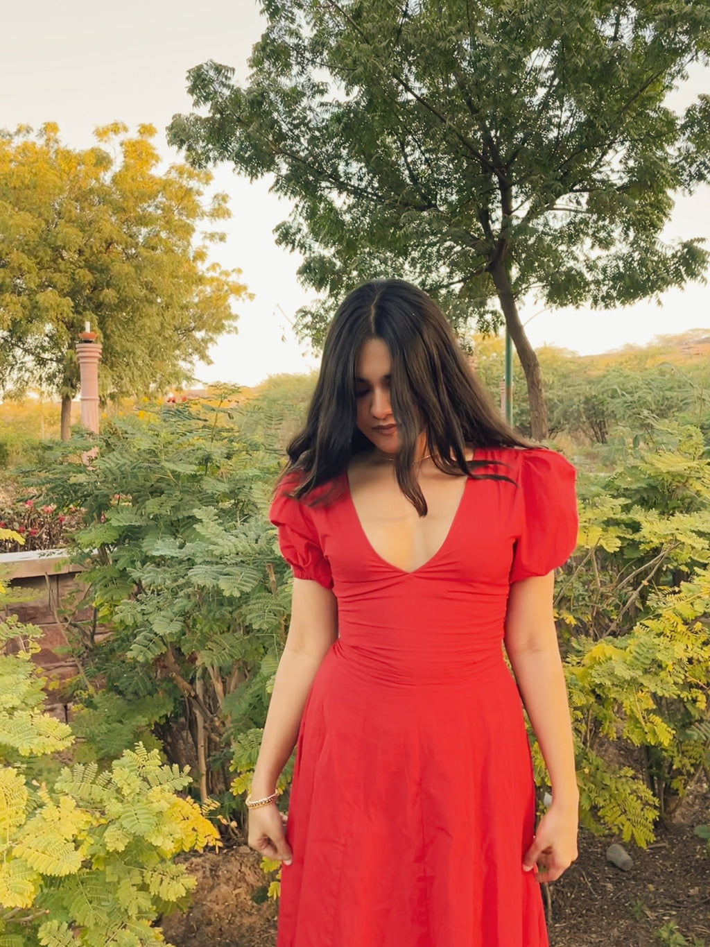 Red Pleated Maxi Dress - ODDNY