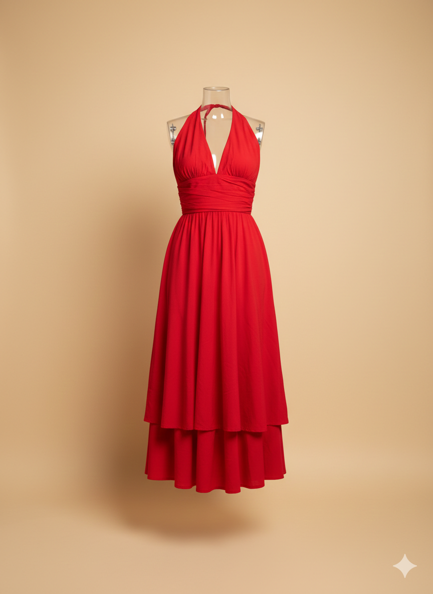 Red dress on a mannequin against a beige background