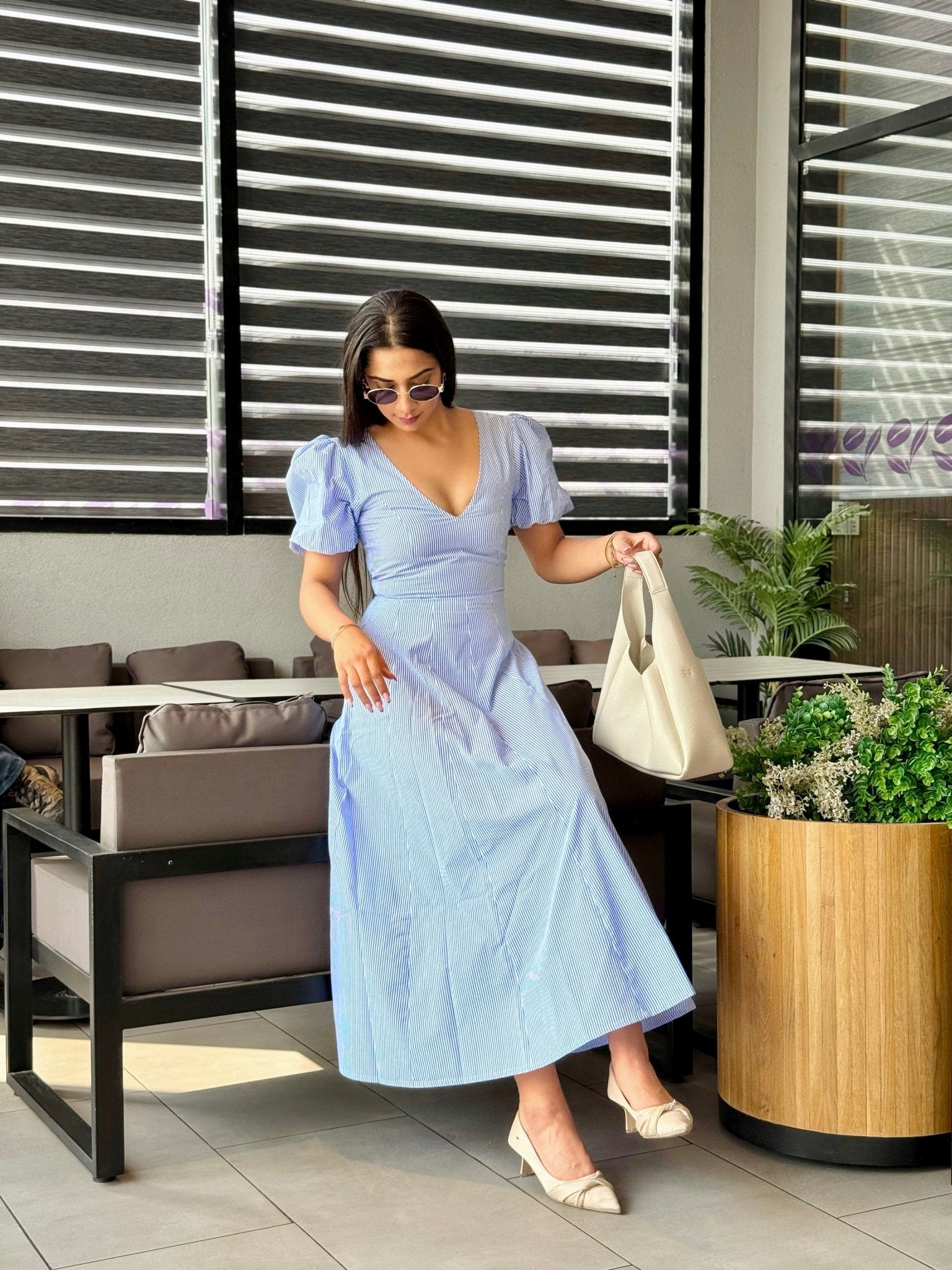 Striped Pleated Maxi Dress - ODDNY